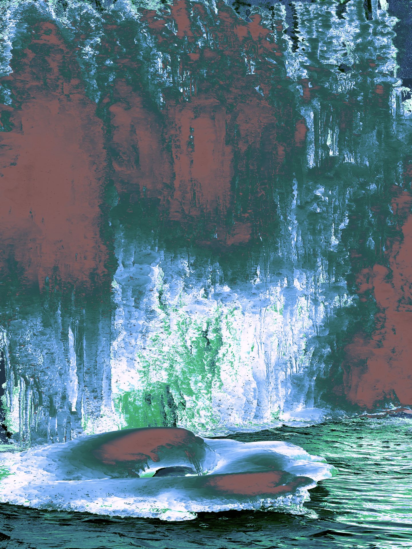 image of frozen waterfall with brick, forest green highlights over brilliant blue